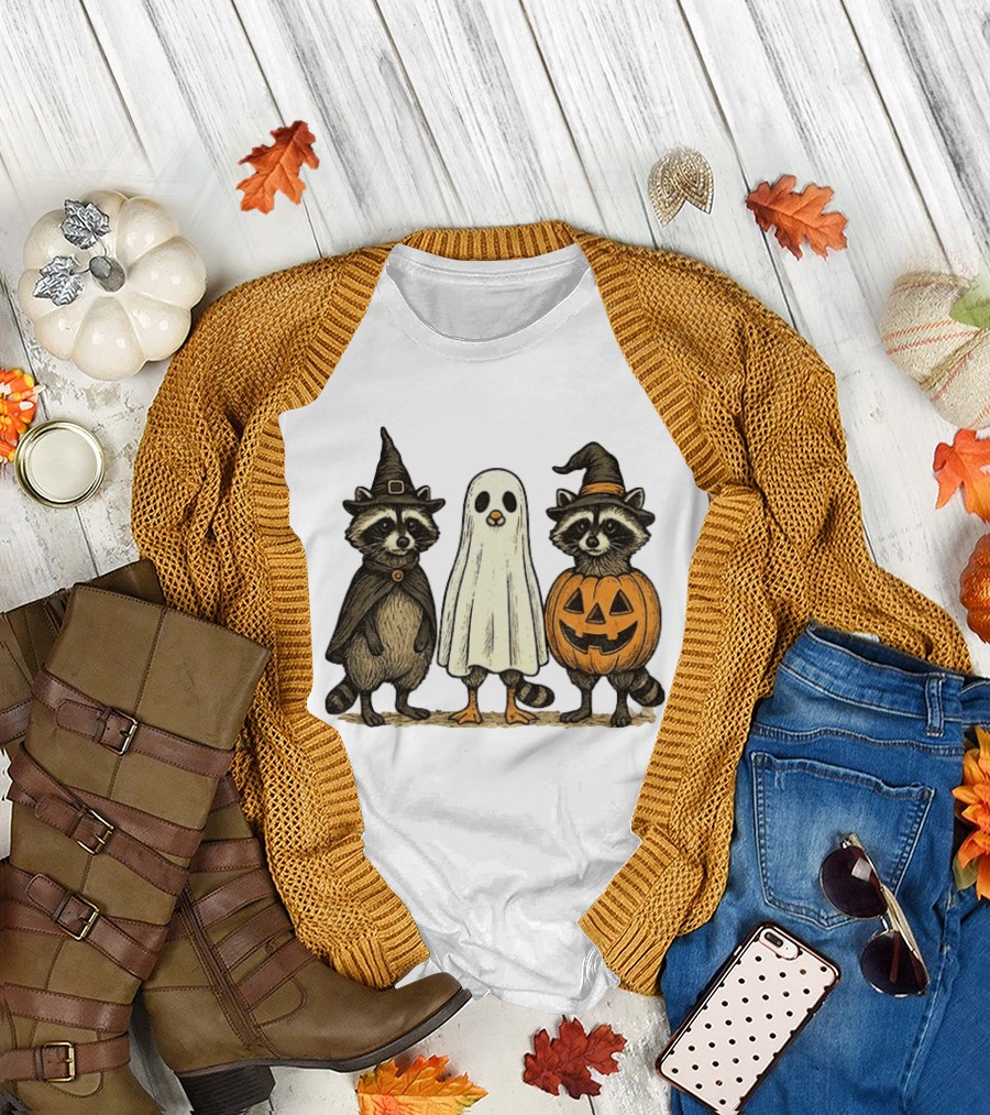 Spooky Boo Ghost Raccoon Pumpkin Raccoon Witch Hat Happy Halloween 2025 T-Shirt