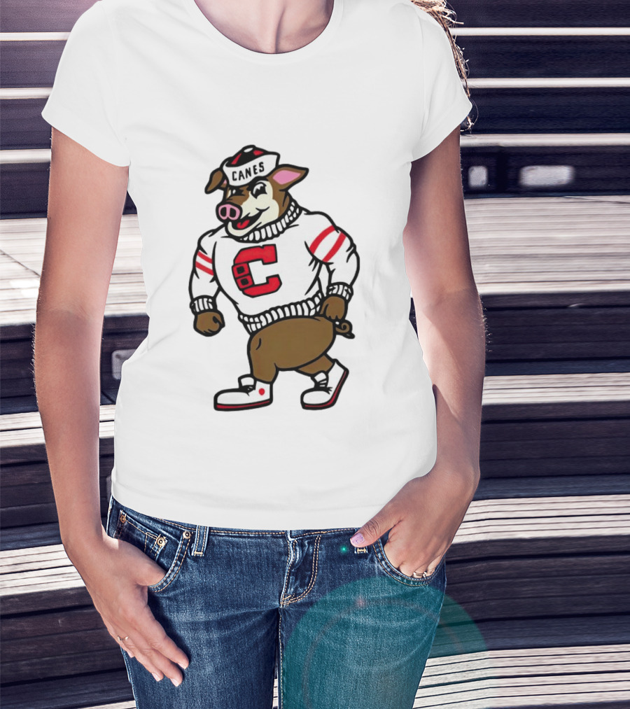 Canes Mascot Pig In Red And White Sweater With Stripes T-Shirt