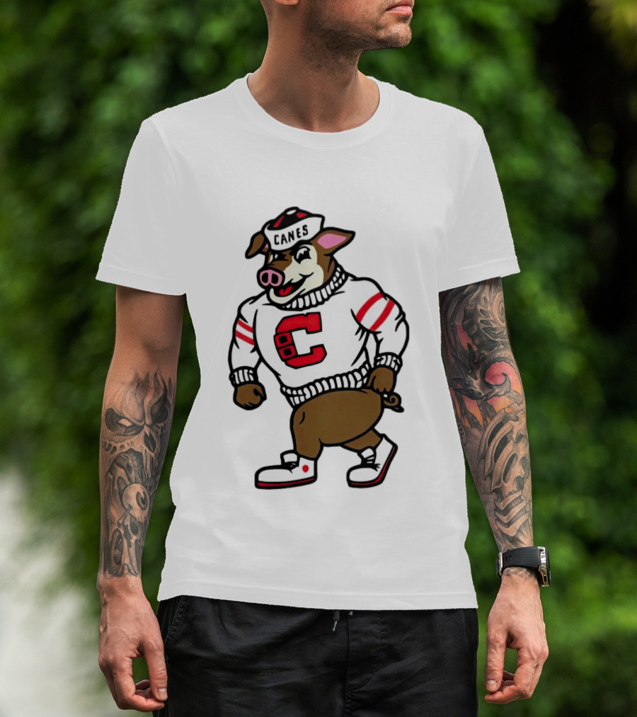 Canes Mascot Pig In Red And White Sweater With Stripes T-Shirt