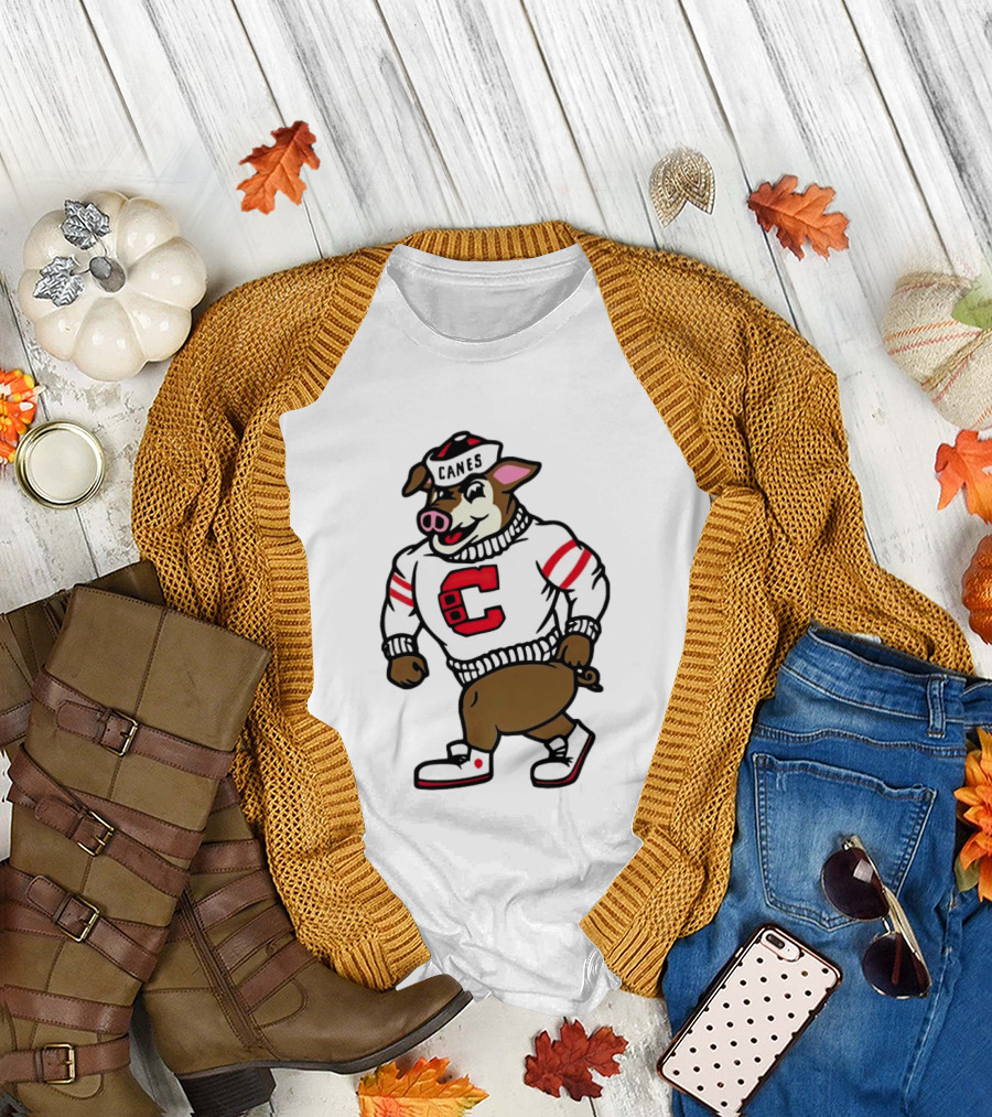 Canes Mascot Pig In Red And White Sweater With Stripes T-Shirt
