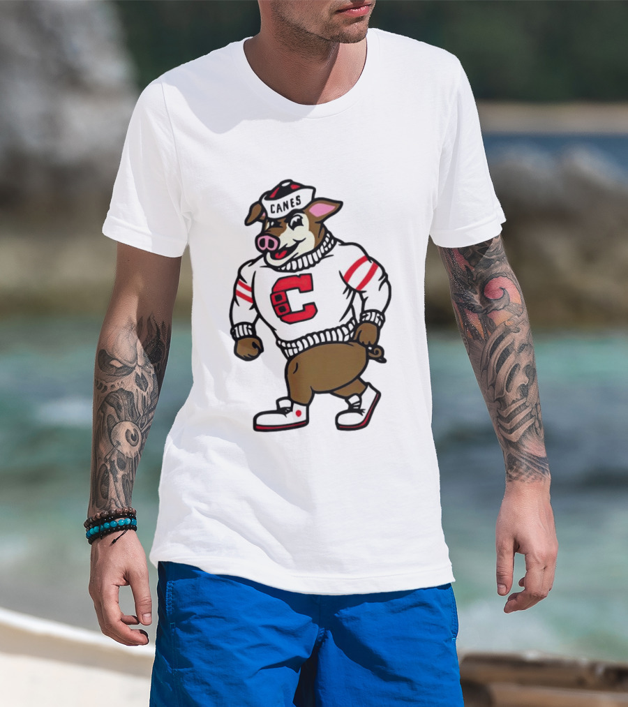 Canes Mascot Pig In Red And White Sweater With Stripes T-Shirt