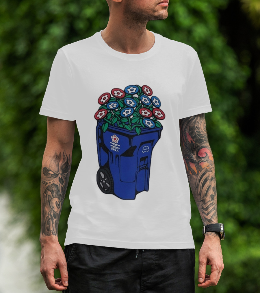 Vandy The Pink Trash Can Blue Recycling Bin Flowers T-Shirt