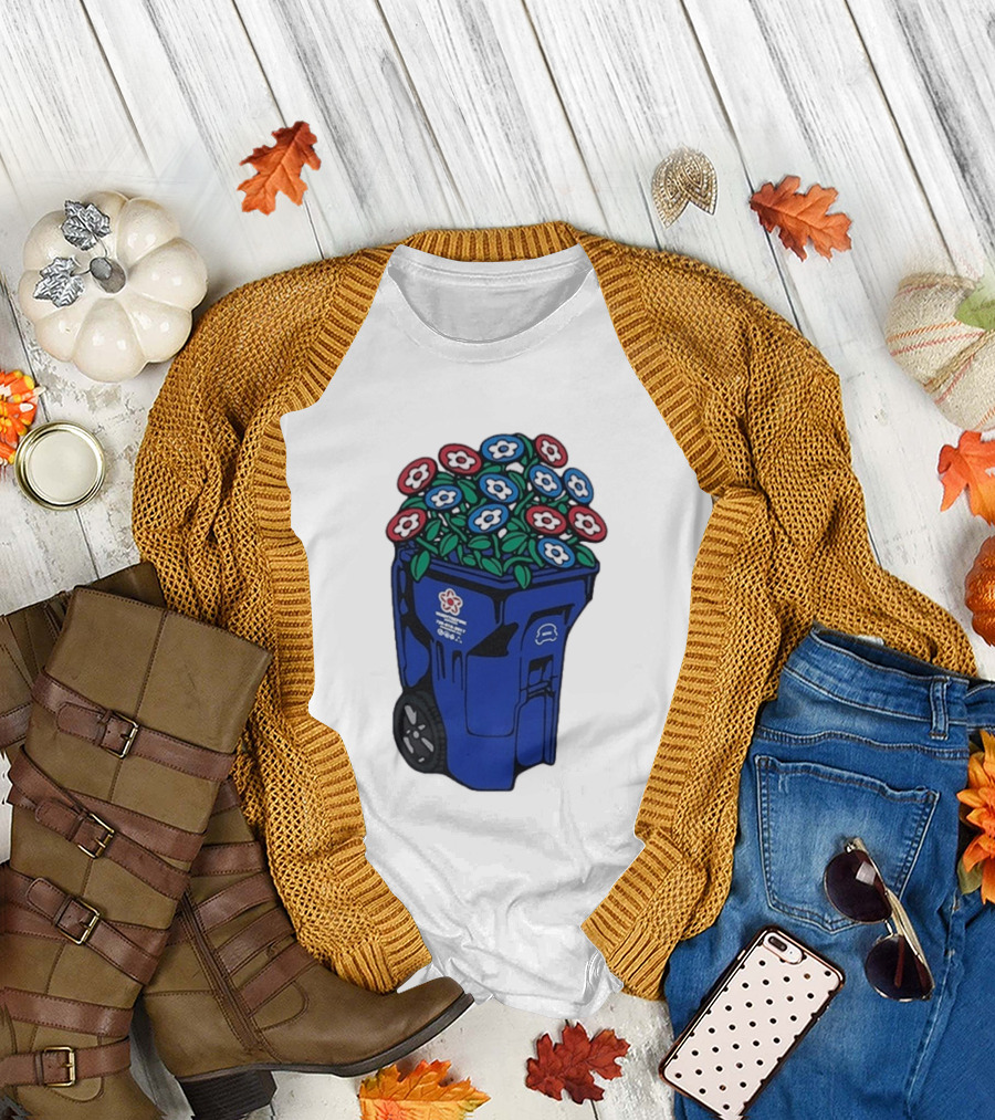 Vandy The Pink Trash Can Blue Recycling Bin Flowers T-Shirt