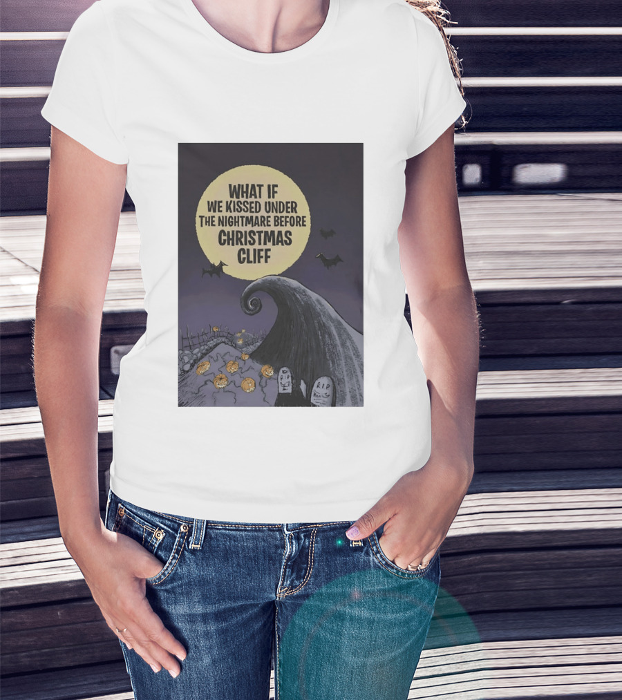 What If We Kissed Under The Nightmare Before Christmas Cliff Halloween Moon Bats Pumpkins Graveyard Scene T-Shirt