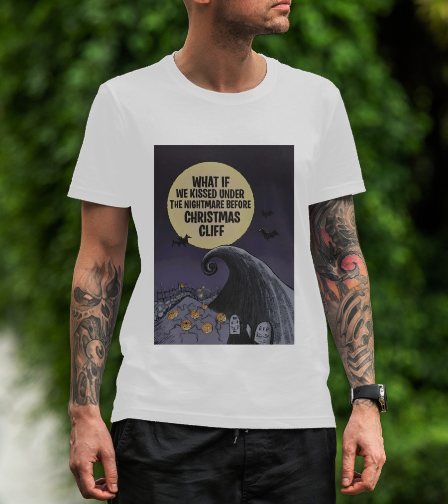 What If We Kissed Under The Nightmare Before Christmas Cliff Halloween Moon Bats Pumpkins Graveyard Scene T-Shirt