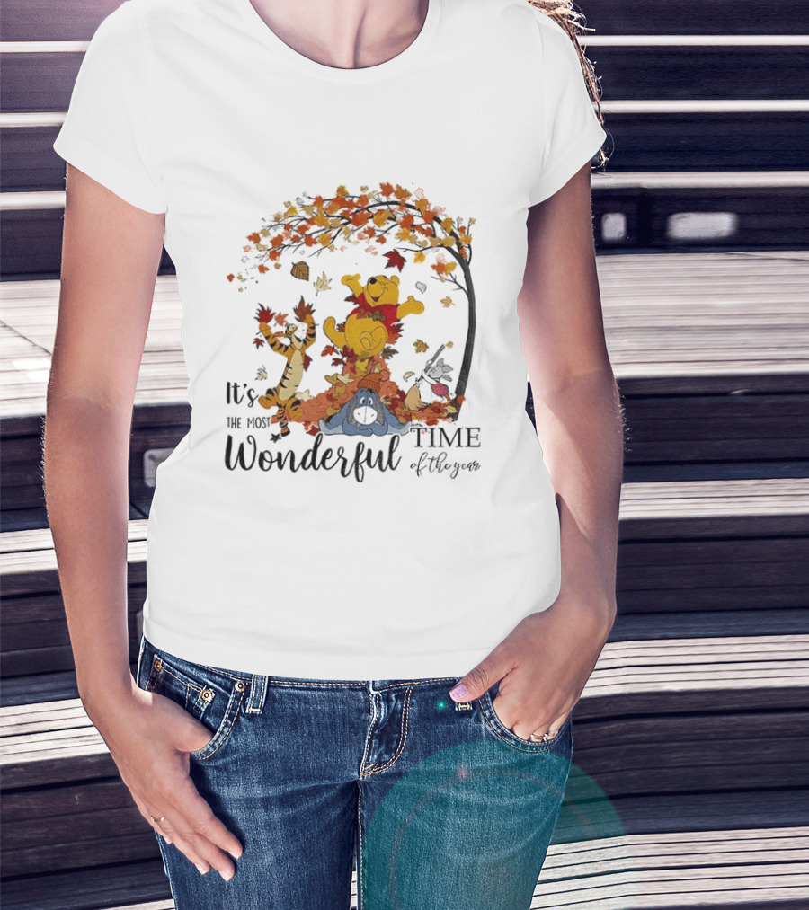 Winnie The Pooh It's The Most Wonderful Time Of The Year Happy Fall Autumn Leaves T-Shirt