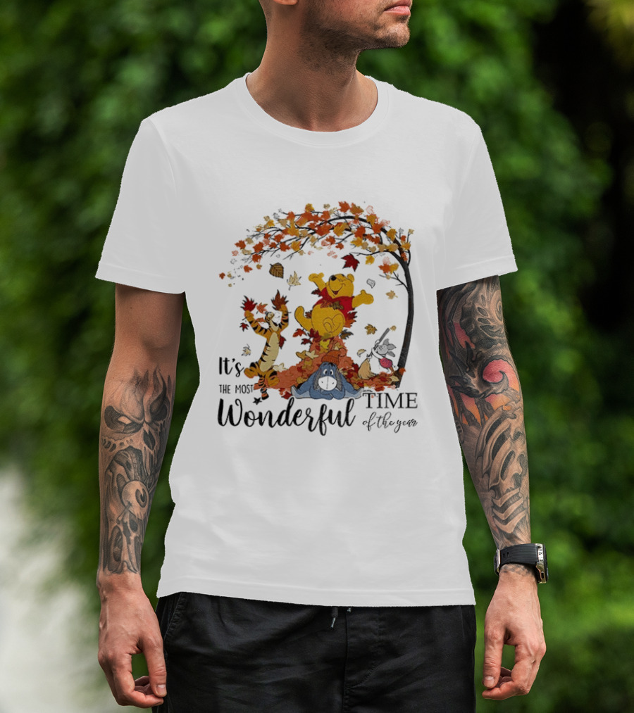 Winnie The Pooh It's The Most Wonderful Time Of The Year Happy Fall Autumn Leaves T-Shirt
