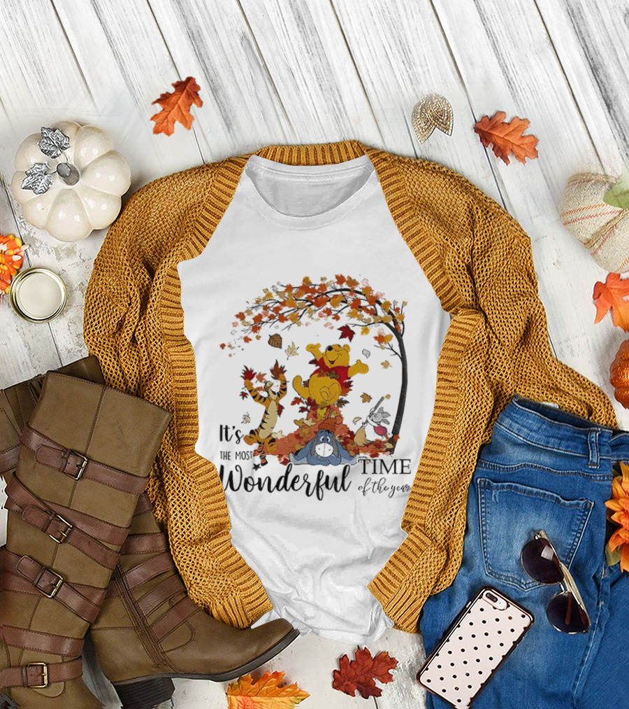 Winnie The Pooh It's The Most Wonderful Time Of The Year Happy Fall Autumn Leaves T-Shirt