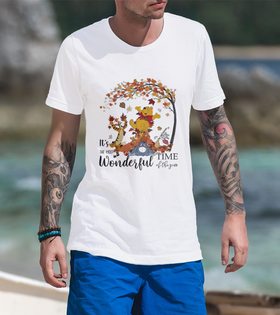 Winnie The Pooh It's The Most Wonderful Time Of The Year Happy Fall Autumn Leaves T-Shirt