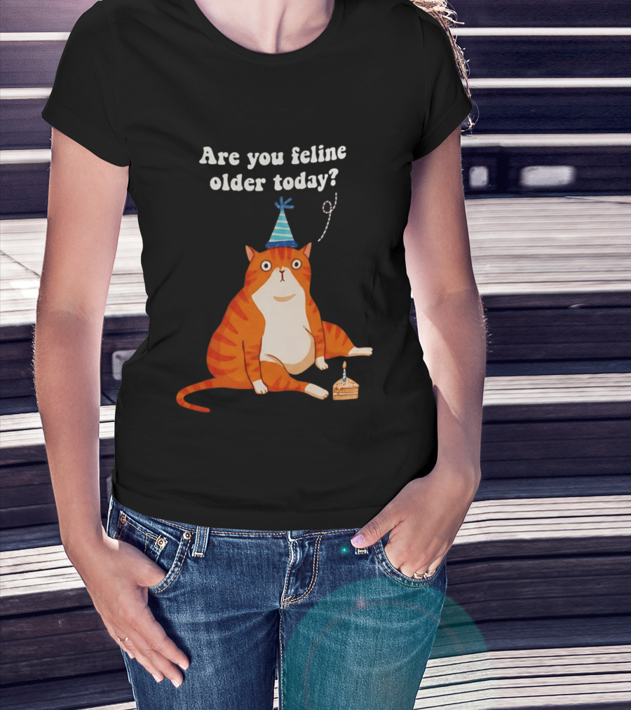 Are You Feline Older Today Birthday Cat With Party Hat And Cake T-Shirt