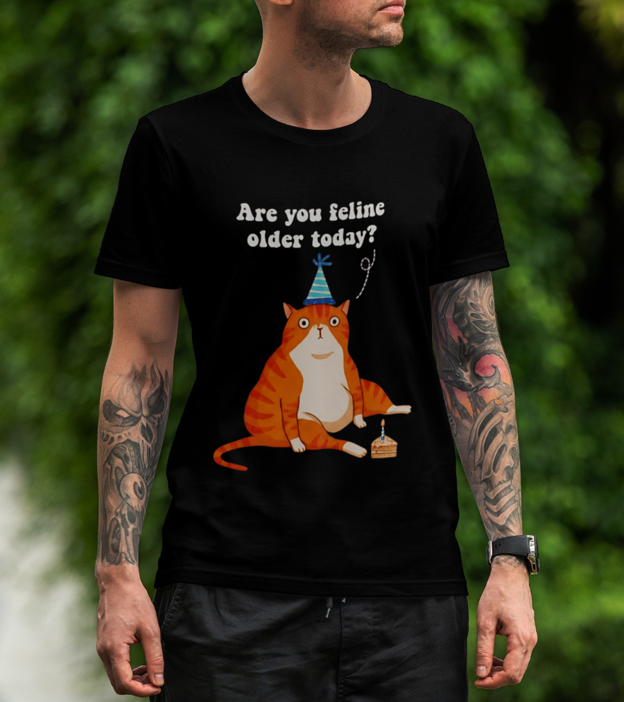Are You Feline Older Today Birthday Cat With Party Hat And Cake T-Shirt
