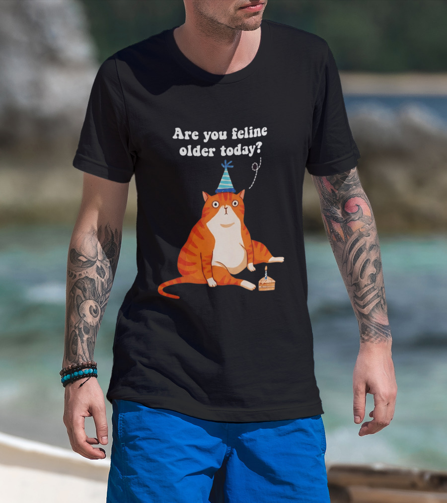 Are You Feline Older Today Birthday Cat With Party Hat And Cake T-Shirt