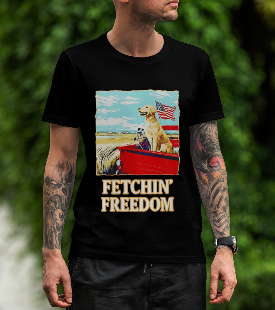 Fetching Freedom Dog And American Flag Scene T-Shirt
