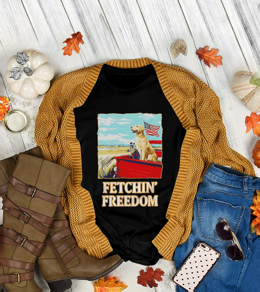 Fetching Freedom Dog And American Flag Scene T-Shirt