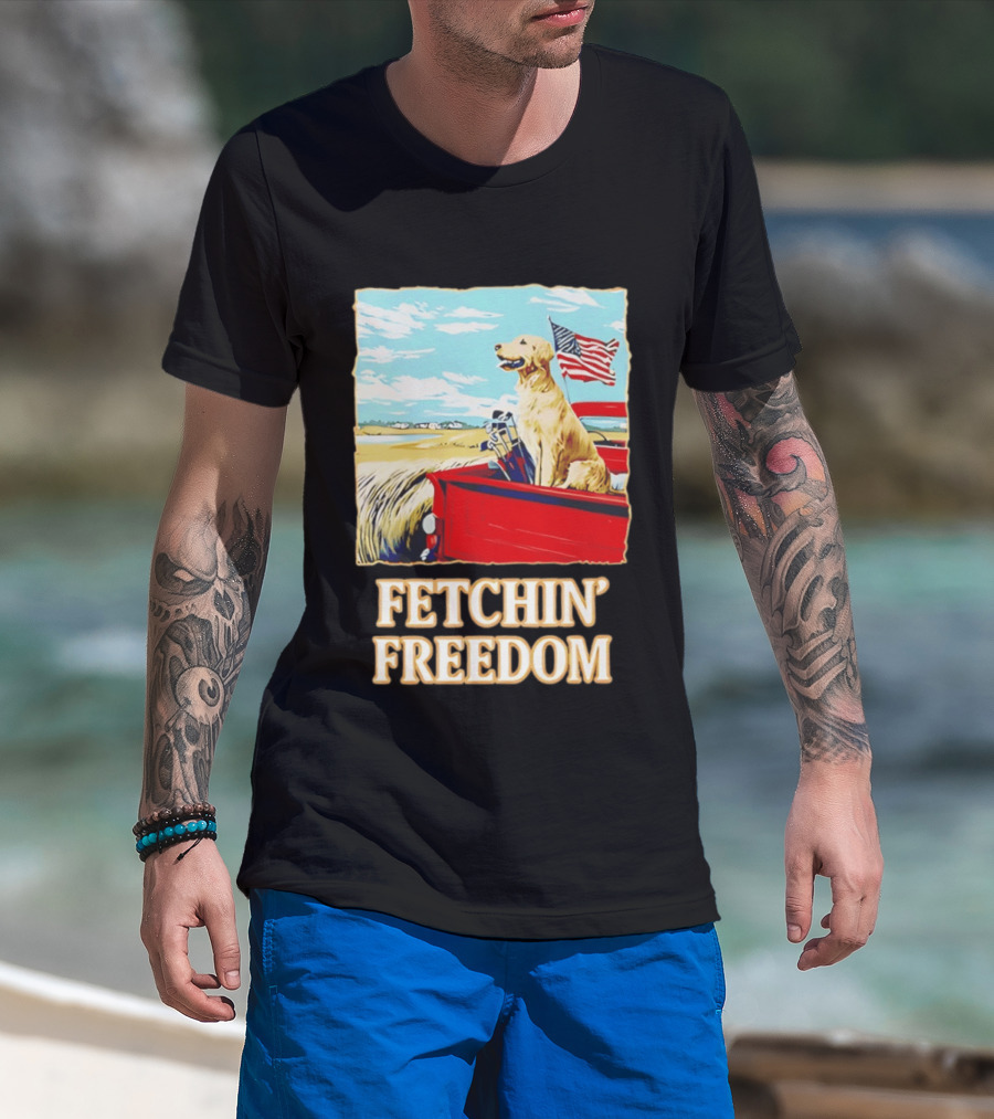 Fetching Freedom Dog And American Flag Scene T-Shirt