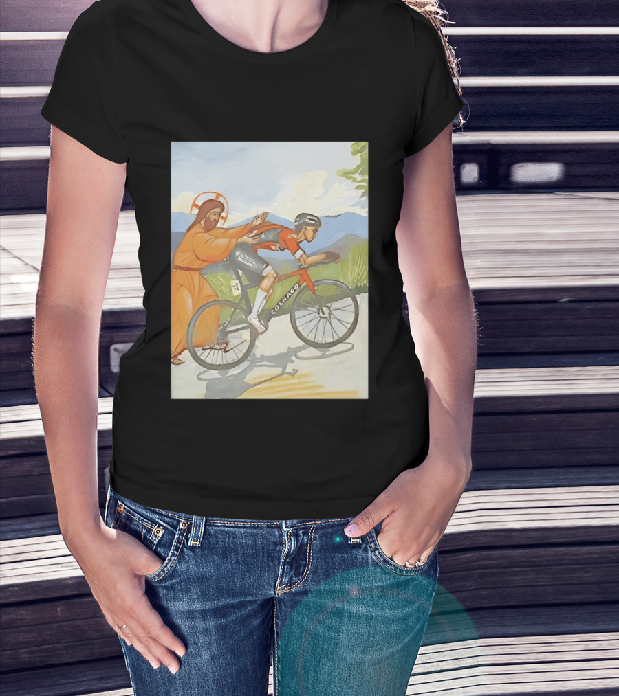 Jesus Gives Tadej Pogačar A Push Colnago Cycling T-Shirt