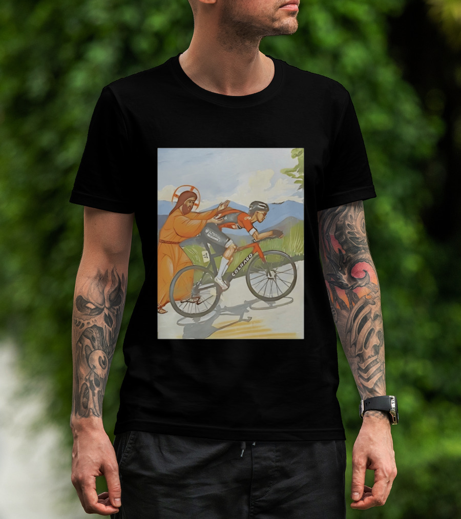 Jesus Gives Tadej Pogačar A Push Colnago Cycling T-Shirt