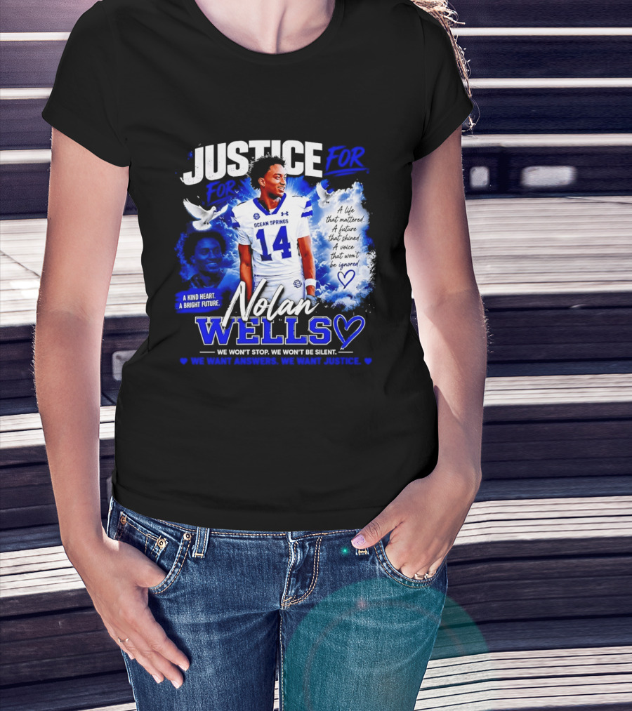 Justice For Nolan Wells Ocean Springs Football Number 14 Ignored Heart We Won't Stop Silent T-Shirt