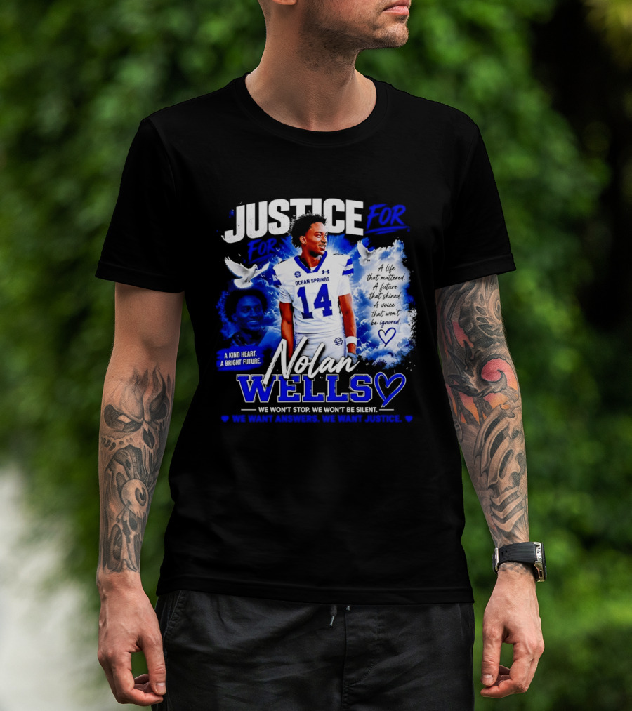 Justice For Nolan Wells Ocean Springs Football Number 14 Ignored Heart We Won't Stop Silent T-Shirt