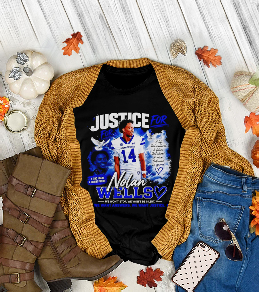 Justice For Nolan Wells Ocean Springs Football Number 14 Ignored Heart We Won't Stop Silent T-Shirt