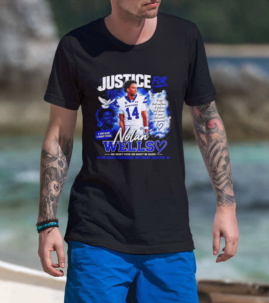 Justice For Nolan Wells Ocean Springs Football Number 14 Ignored Heart We Won't Stop Silent T-Shirt