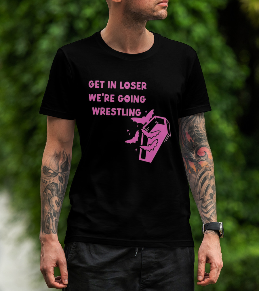 Get In Loser We're Going Wrestling Coffin With Bats And Stars T-Shirt