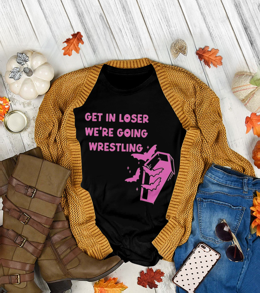 Get In Loser We're Going Wrestling Coffin With Bats And Stars T-Shirt