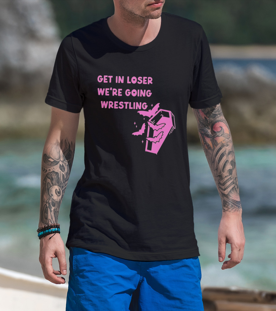 Get In Loser We're Going Wrestling Coffin With Bats And Stars T-Shirt