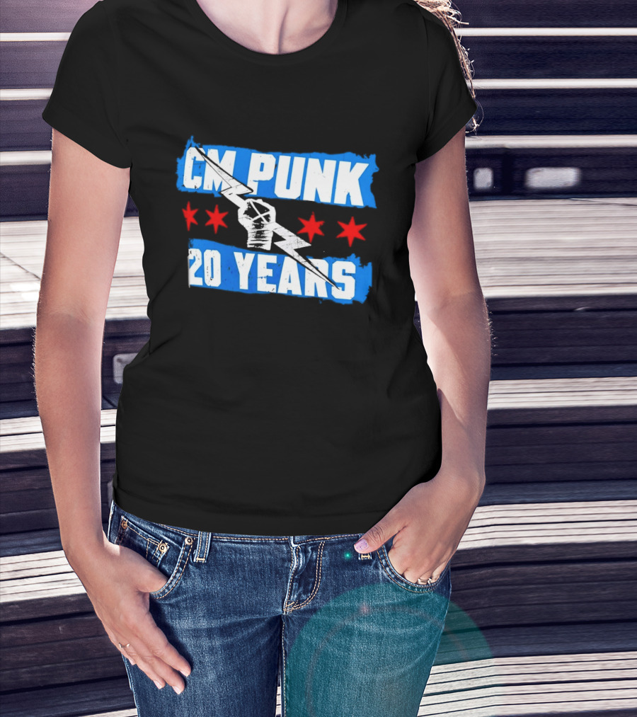 CM Punk 20 Years WWE Flag With Stars And Lightning Fist T-Shirt