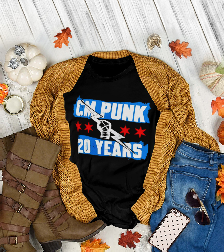 CM Punk 20 Years WWE Flag With Stars And Lightning Fist T-Shirt