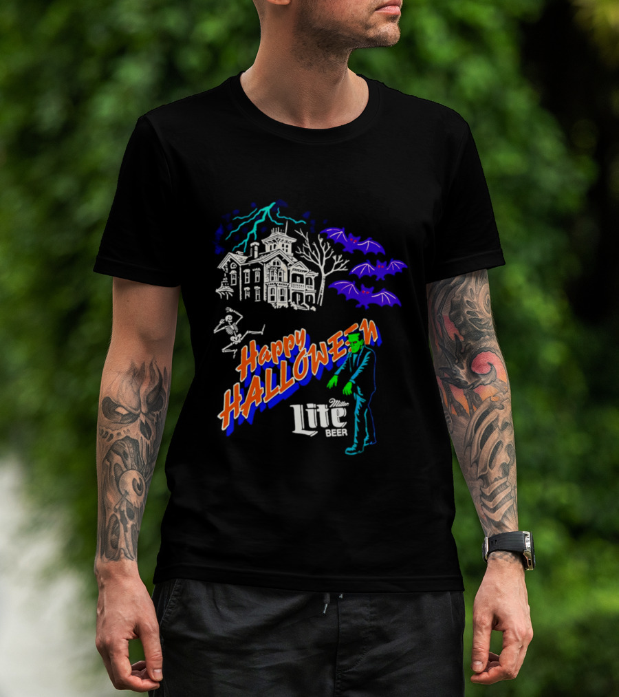 Happy Halloween Miller Lite Beer Haunted House Frankenstein Bats T-Shirt