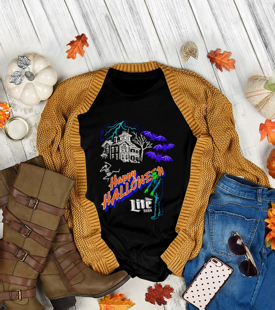 Happy Halloween Miller Lite Beer Haunted House Frankenstein Bats T-Shirt