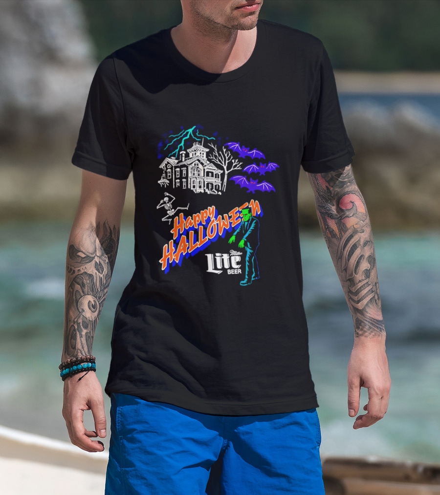 Happy Halloween Miller Lite Beer Haunted House Frankenstein Bats T-Shirt