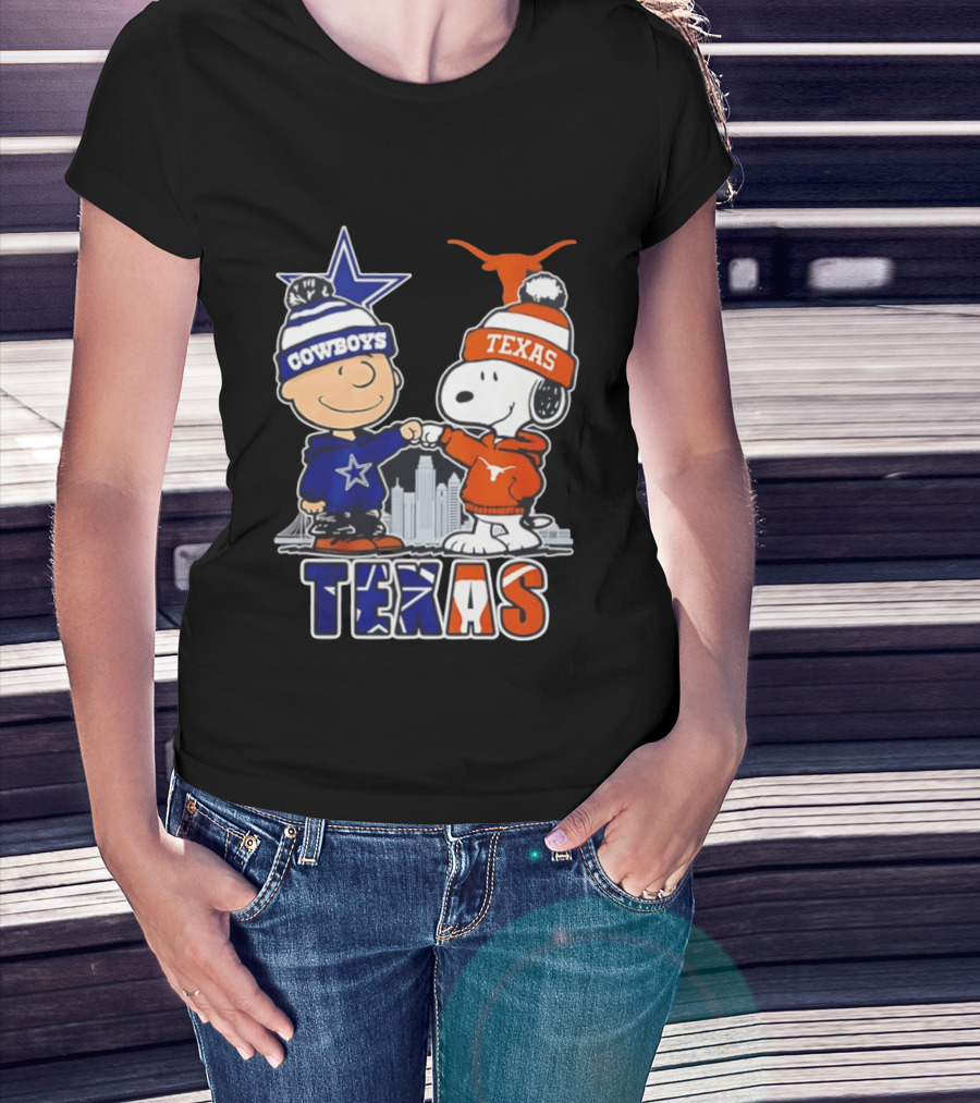 Dallas Cowboys Texas Longhorns Peanuts Characters Stadium Scene T-Shirt