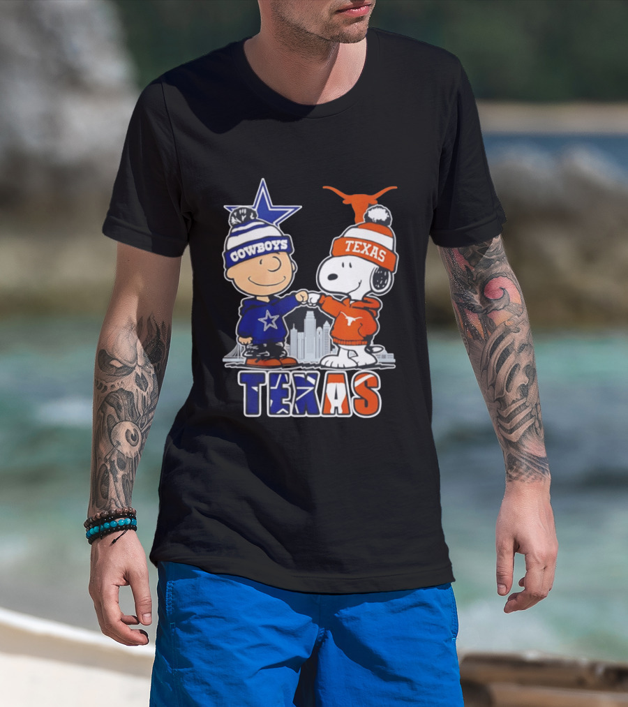 Dallas Cowboys Texas Longhorns Peanuts Characters Stadium Scene T-Shirt