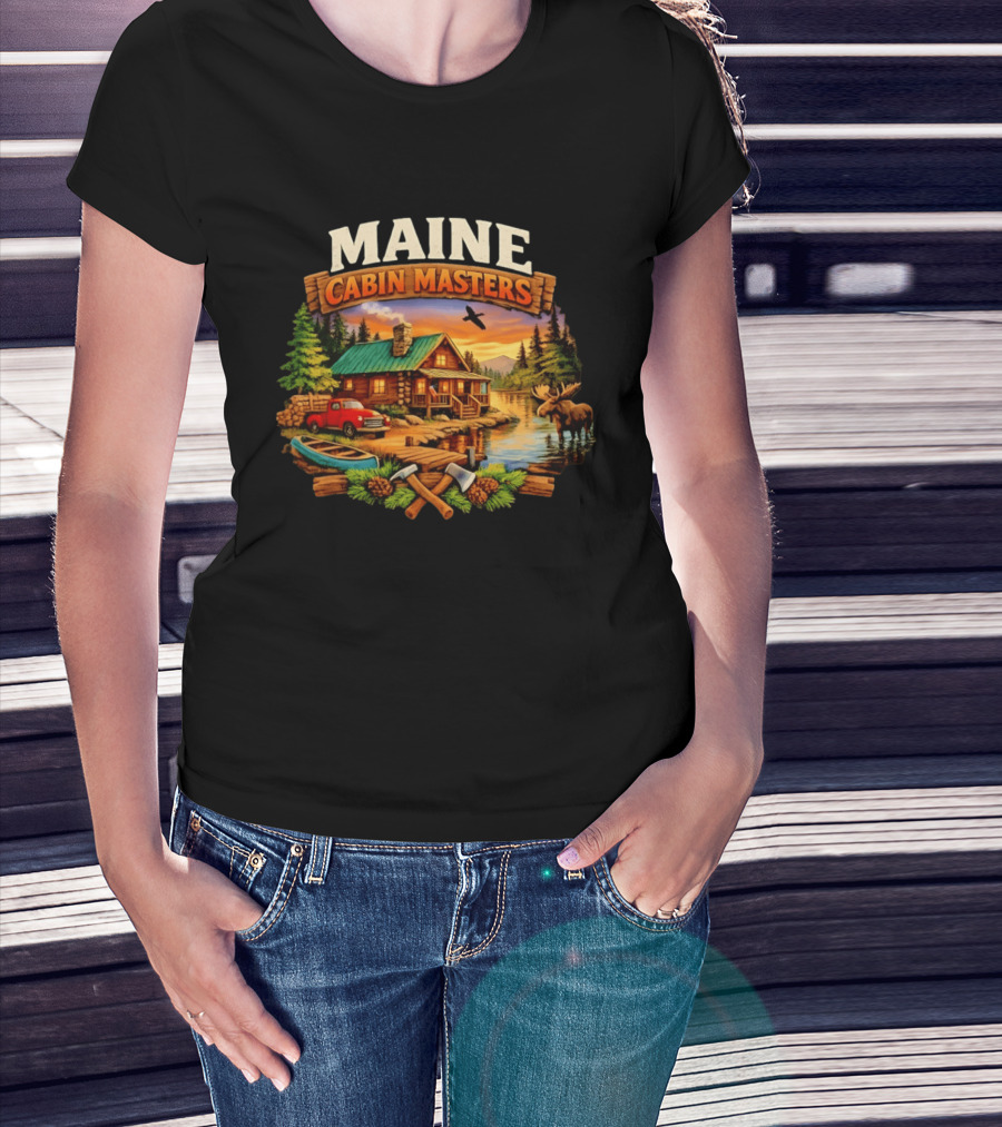 Maine Cabin Masters Rustic Wilderness Scene With Moose And Red Truck T-Shirt