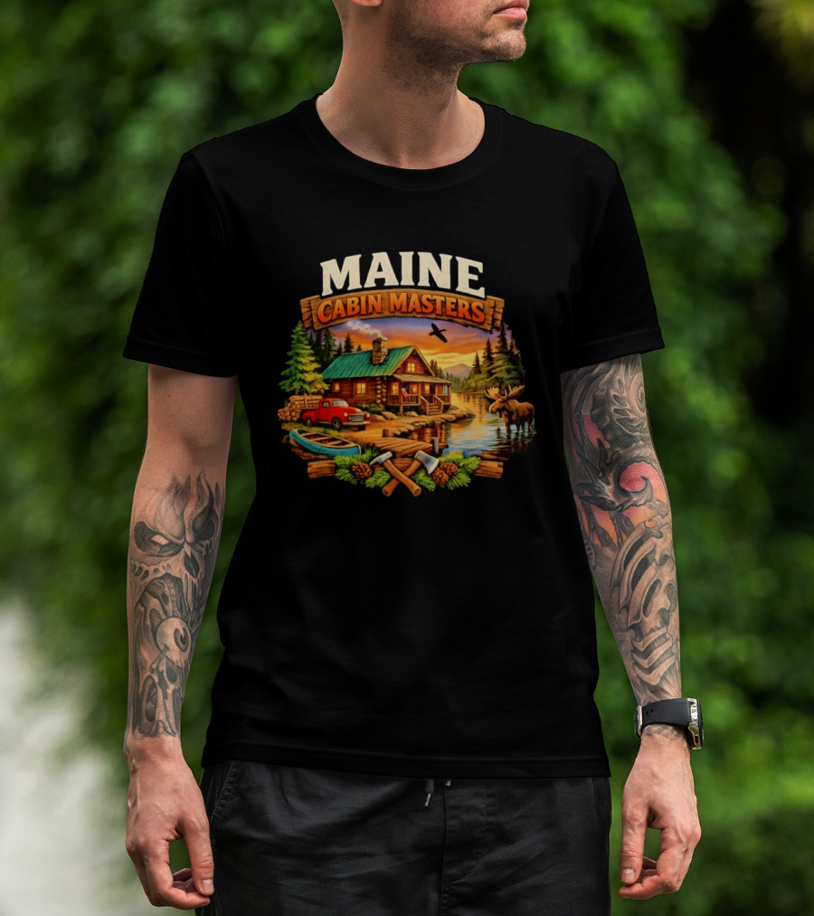 Maine Cabin Masters Rustic Wilderness Scene With Moose And Red Truck T-Shirt