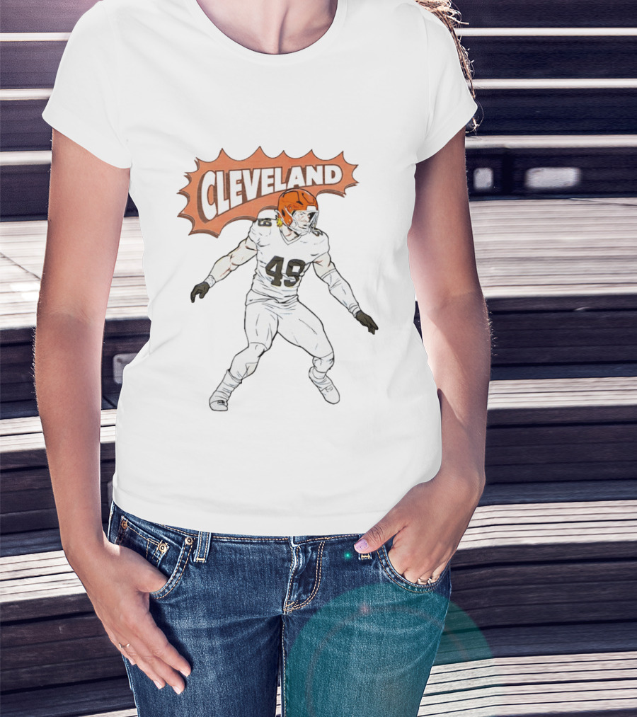 Cleveland Football Comic Style 2026 Player 49 Iconic Helmet T-Shirt