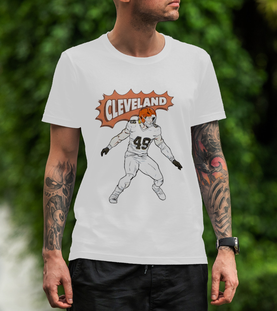 Cleveland Football Comic Style 2026 Player 49 Iconic Helmet T-Shirt