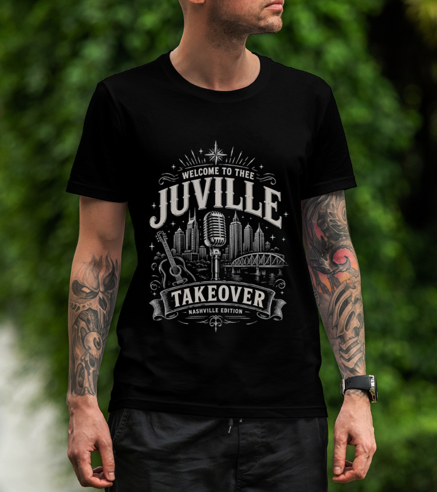 Welcome To Thee Juville Takeover Nashville Edition Microphone Guitar Cityscape Scene T-Shirt