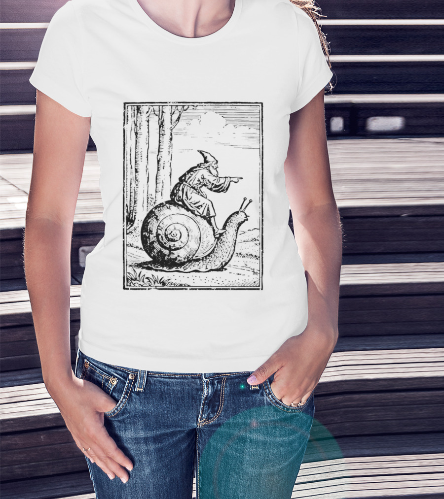 Medieval Snail Rider Wizard Woodcut Fantasy Enchantment T-Shirt