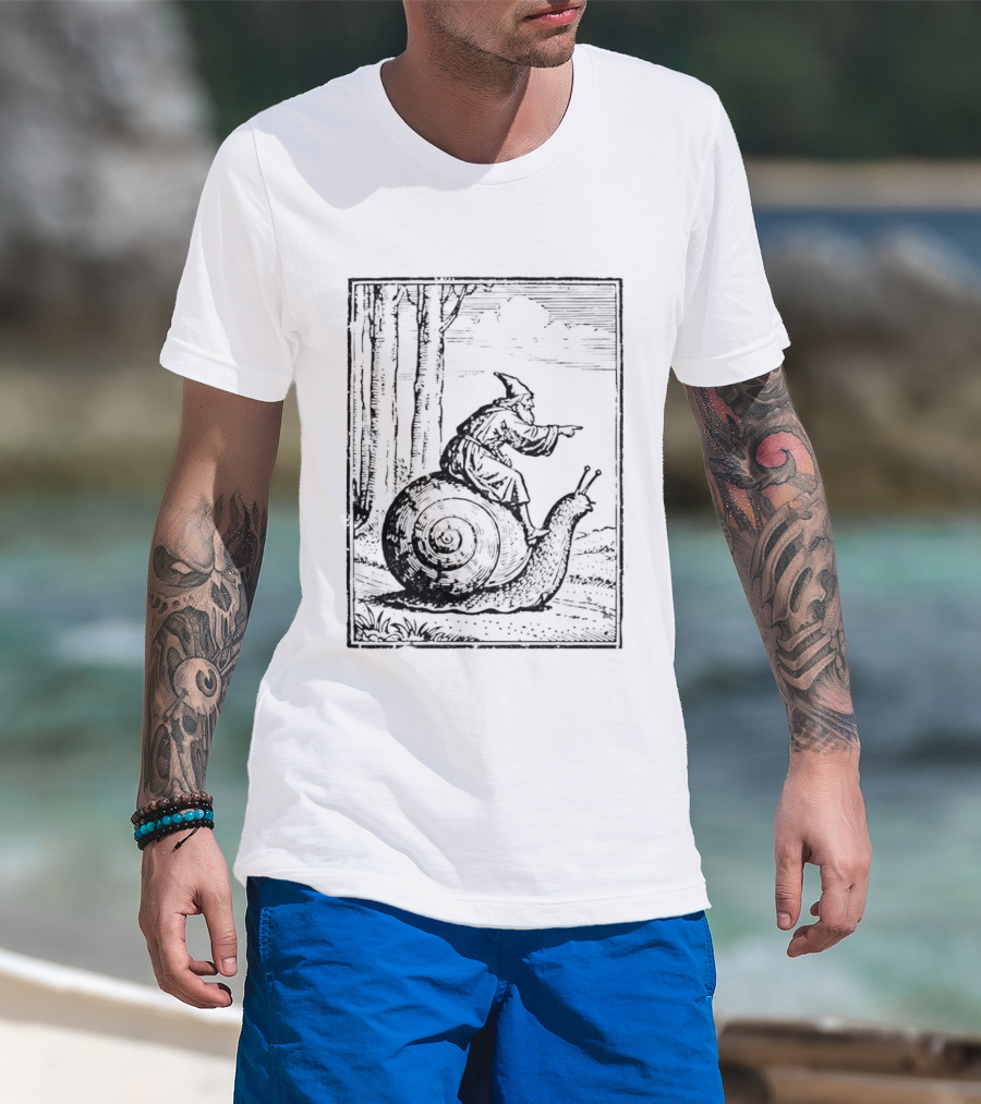 Medieval Snail Rider Wizard Woodcut Fantasy Enchantment T-Shirt
