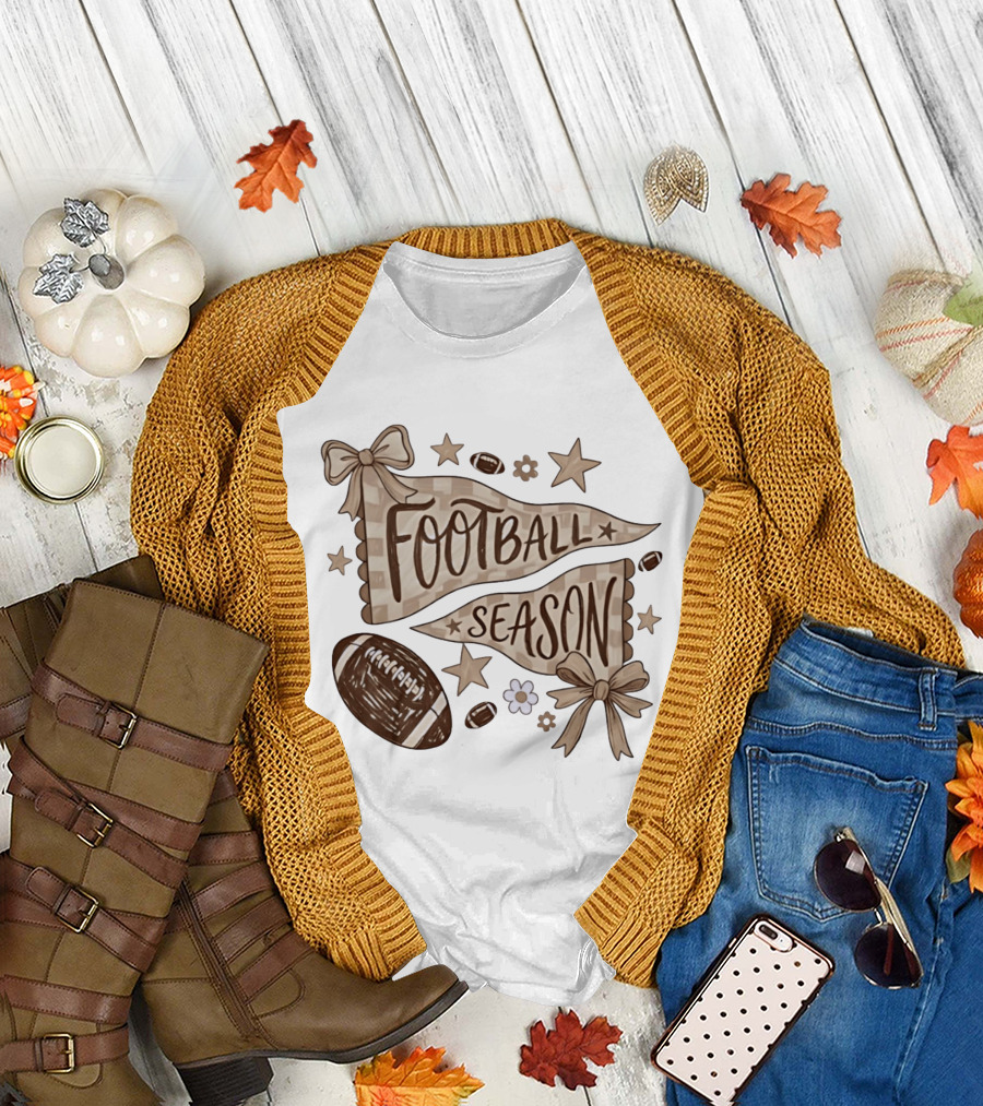 Football Season Pennant Bows And Stars With Footballs T-Shirt