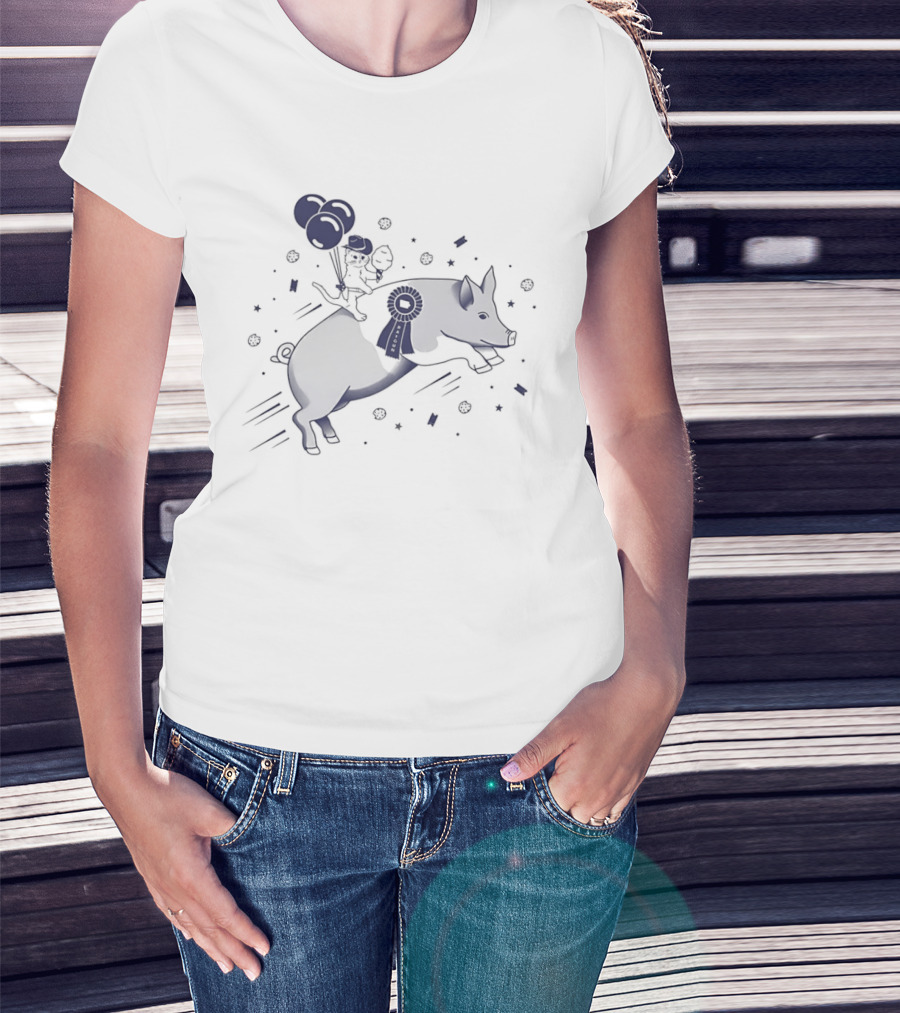 Gary The Cat Riding A Blue Ribbon Pig With Balloons At State Fair T-Shirt
