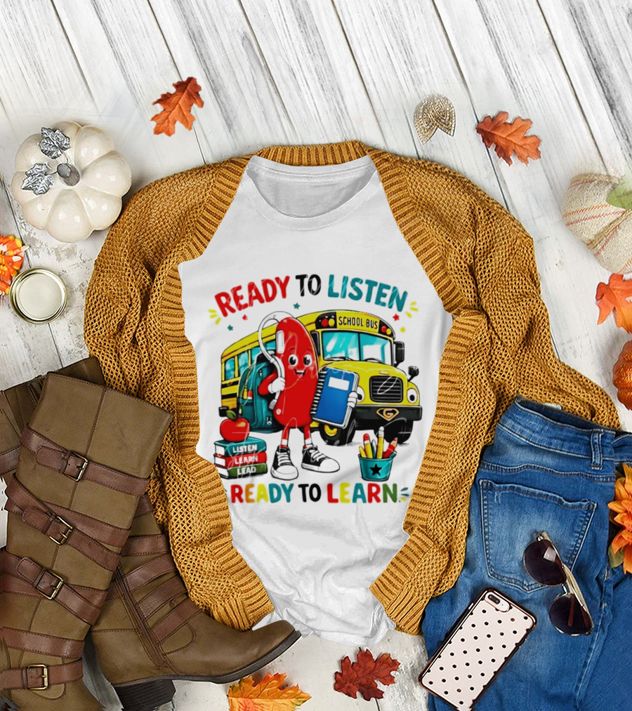 Ready To Listen Ready To Learn School Bus Hearing Aid School Supplies T-Shirt