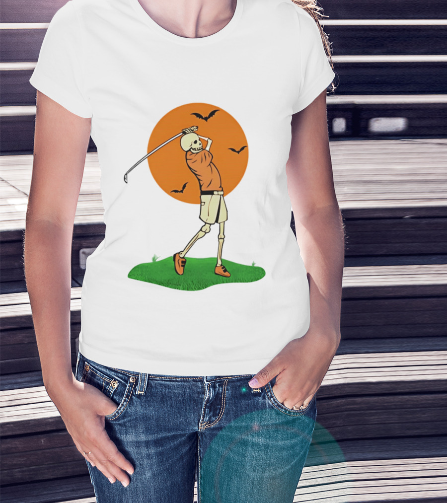 Skeleton Golfer At Sunset With Flying Bats T-Shirt