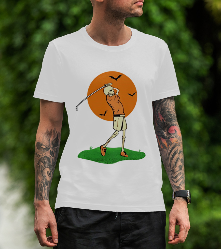 Skeleton Golfer At Sunset With Flying Bats T-Shirt