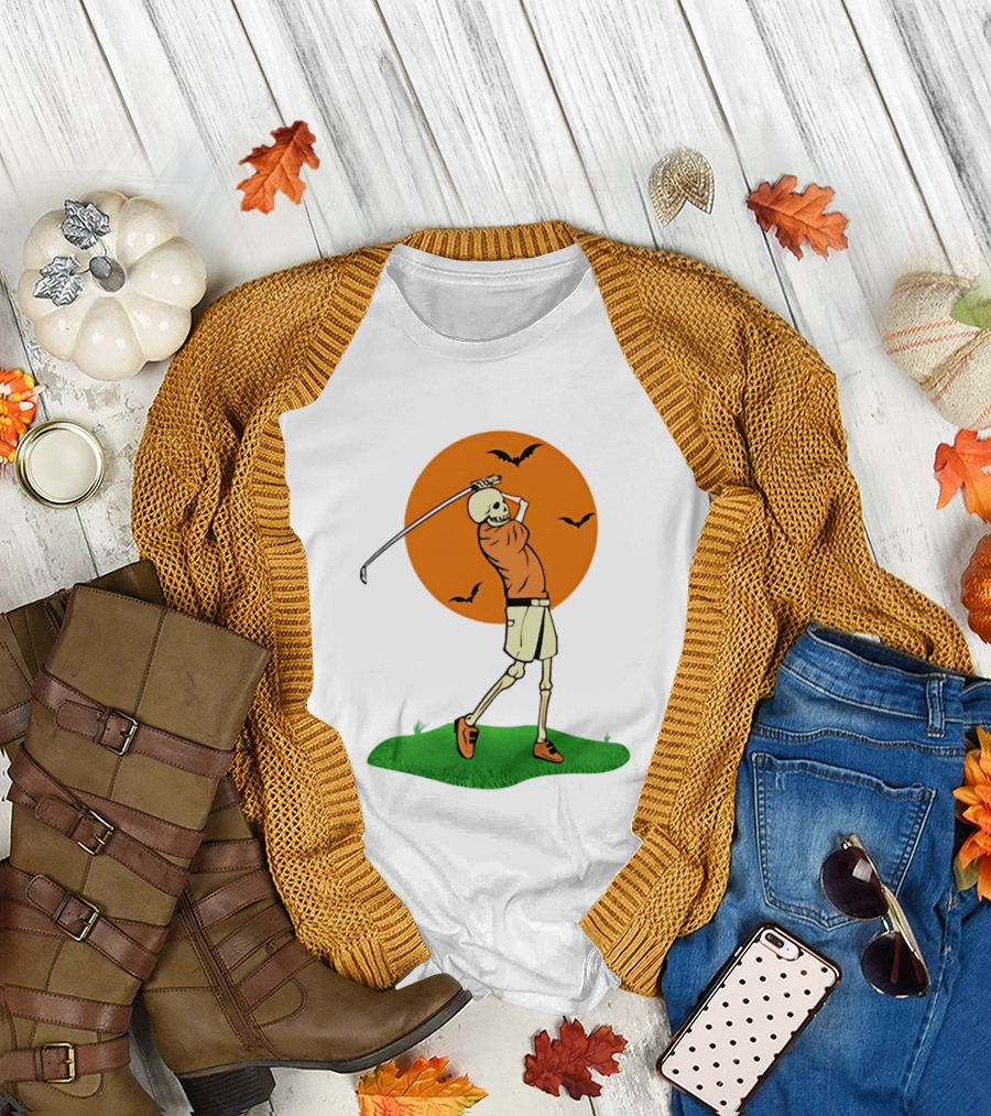 Skeleton Golfer At Sunset With Flying Bats T-Shirt