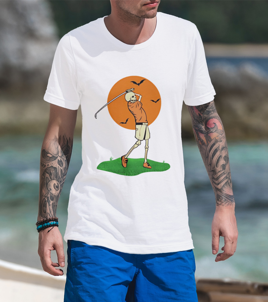 Skeleton Golfer At Sunset With Flying Bats T-Shirt