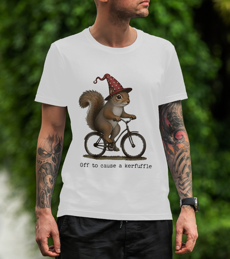 Squirrel In Wizard Hat Riding Bicycle Off To Cause A Kerfuffle T-Shirt
